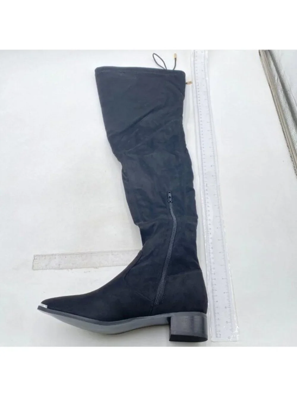 XYD Black Pointed Toe Block Low Heel Tie Back Lace Zipper Over The Knee Boot